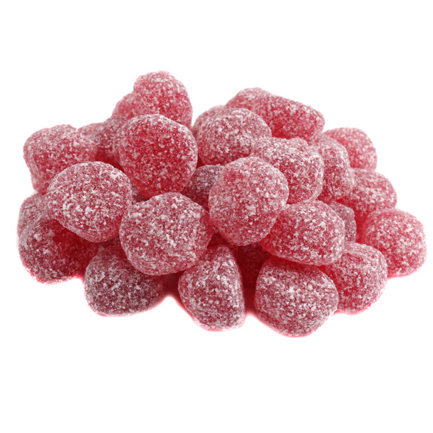 Vegan Sour Cherry Dots, red round gummy candy, tangy sour cherry flavored, approx 245 pieces per pound.