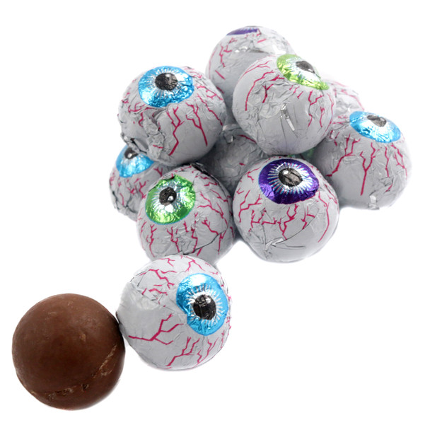 Halloween Googly Eyes chocolatey crisp balls, assorted colors, individually foil wrapped, approx 100 per pound.