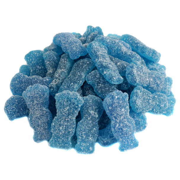 Bright blue Sour Patch Kids, chewy, sour-coated blue raspberry candy. Approx 175 pieces per pound.