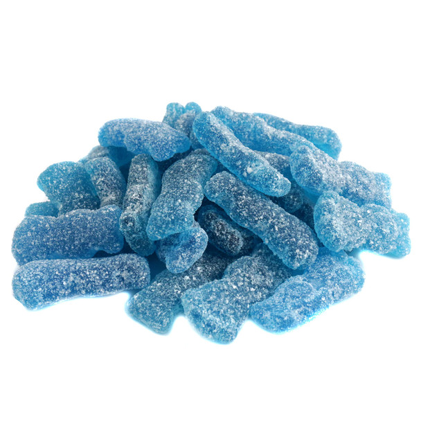 Blue Sour Patch Kids. Bright blue, chewy, sour-coated blue raspberry candies. Approx 175 vibrant pieces per pound.