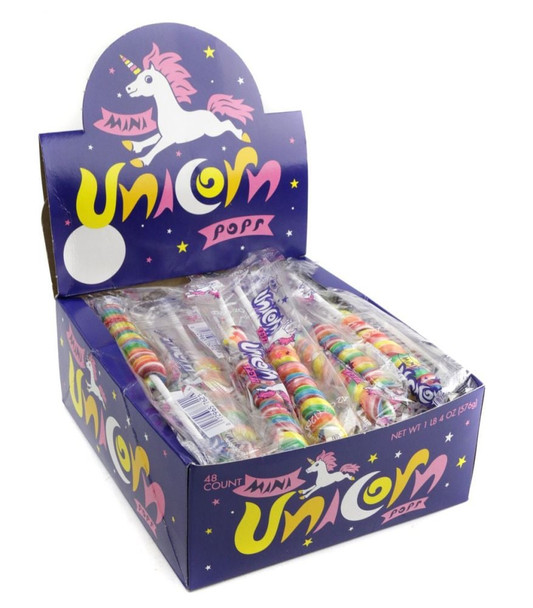 48 mini rainbow unicorn lollipops, vibrant multi-color swirled tutti-frutti flavored candy.