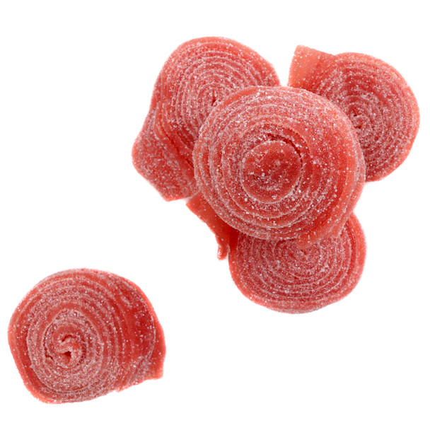 Vibrant red strawberry sour rolled belts, sour sugar-dusted, tangy, approx 12 rolls per pound.