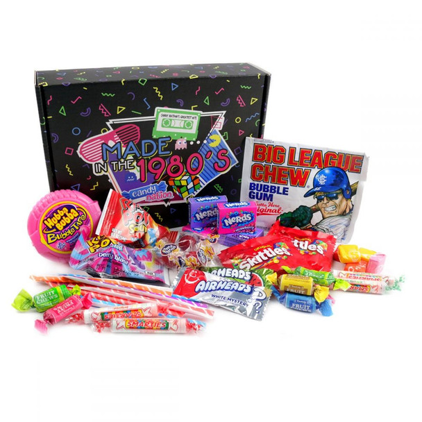 1980s Retro Candy Box, 2lb, over 50 pieces. Assorted colorful candies: Ring Pop, Starburst, Nerds, Skittles, Pixy Sticks.