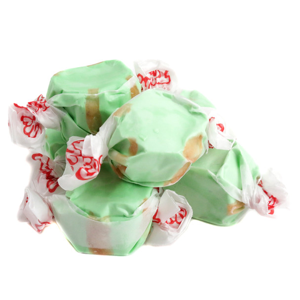Bright green Dill Pickle Salt Water Taffy, approximately 65 individually wrapped pieces per pound.