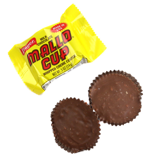 Mallo Cups, classic milk chocolate candy cups with creamy white marshmallow centers, approximately 30 per pound.