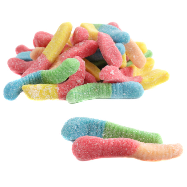 Mini Sour Neon Gummy Worms, vibrant rainbow colors, 110 sweet and sour worms per pound.