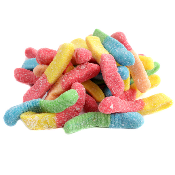 Mini Sour Neon Gummy Worms, vibrant rainbow colors, sweet & sour tangy fruit flavor, approx 110 worms per pound.