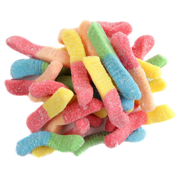 Mini sour neon gummy worms, vibrant rainbow colors, sweet and sour fruity flavor, approximately 110 worms per pound.
