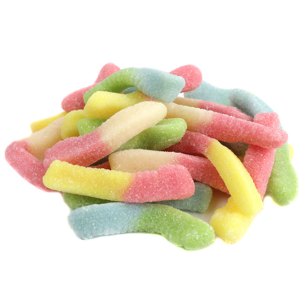 Mini Sour Neon Gummy Worms, vibrant rainbow colors, sour coating, approx. 110 worms per pound, fruity goodness.