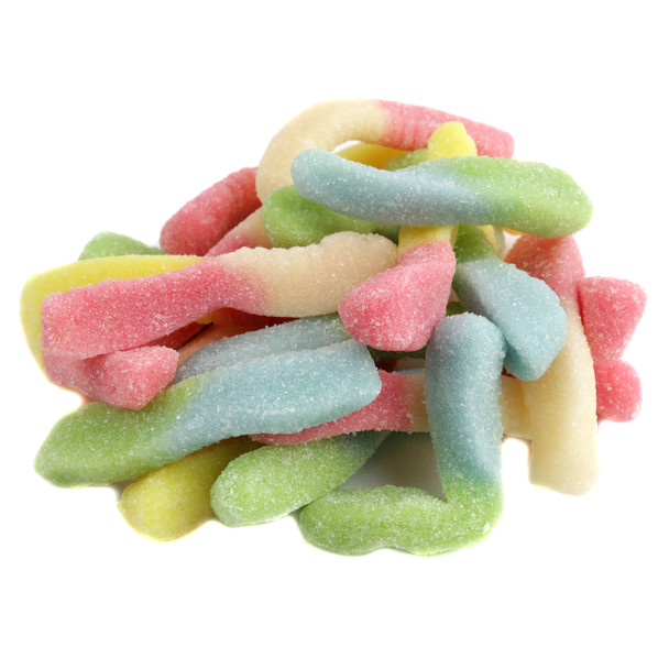 Mini sour neon gummy worms, vibrant rainbow colors, sweet and sour fruity flavor, approximately 110 worms per pound.