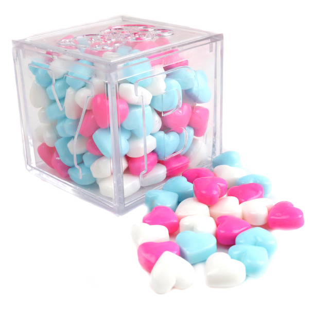 Baby blue, pink, white candy hearts, a sweet mix for baby showers. Approx. 800 heart candies per pound.