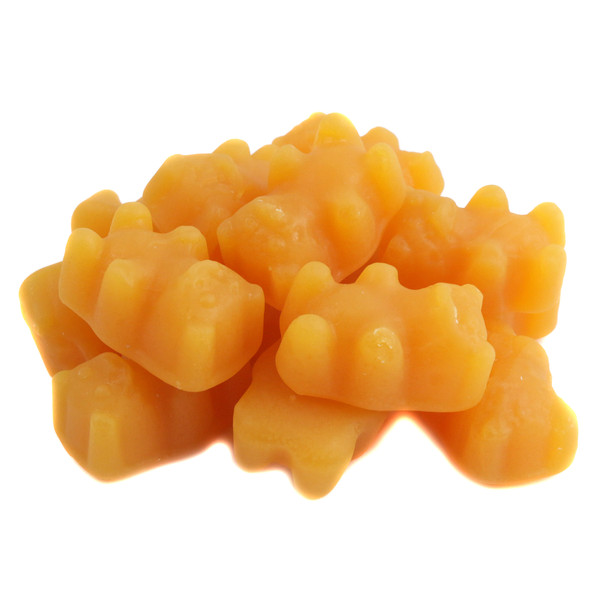 Vibrant orange Mango Chili Gummy Bears, 1 1/2'' tall, approximately 39 per pound. Sweet with a spicy kick.