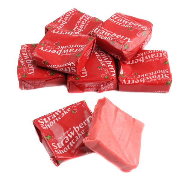 Vibrant red, square Strawberry Shortcake Taffy, approximately 45 pieces per pound. Chewy retro candy.