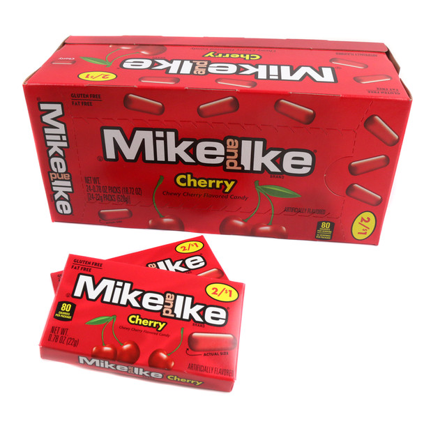 Package of Mike and Ike Cherry candy in a 24-pack display box, showing the vibrant red packaging with cherry illustrations.