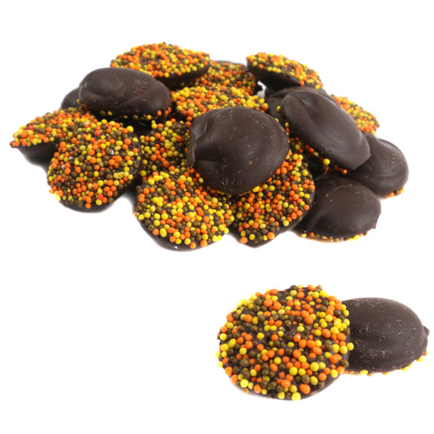 Fall Dark Chocolate Nonpareils, approx. 130 rich dark chocolate discs with yellow, orange, brown festive nonpareils.