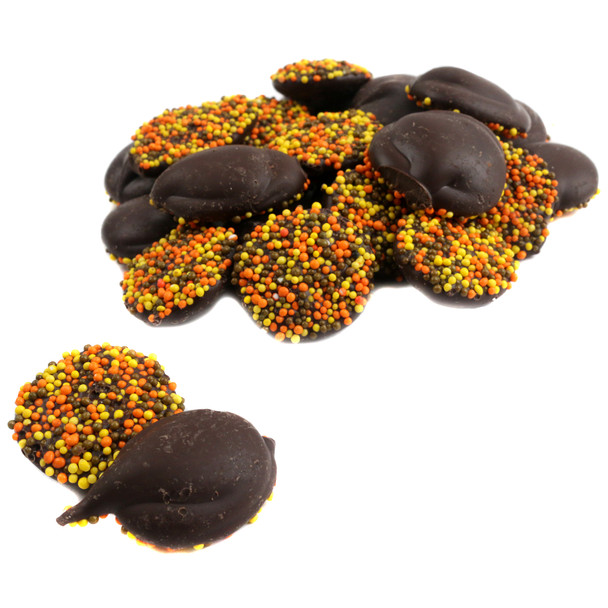 Fall Dark Chocolate Nonpareils, approx 130 pieces, rich dark chocolate with yellow, orange, brown sprinkles.