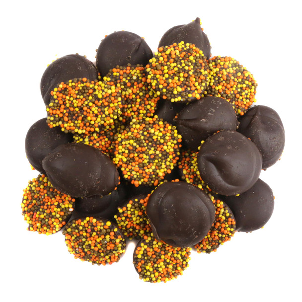 Fall Dark Chocolate Nonpareils, 130+ rich, smooth discs with festive yellow, orange, brown nonpareils. Made in USA.