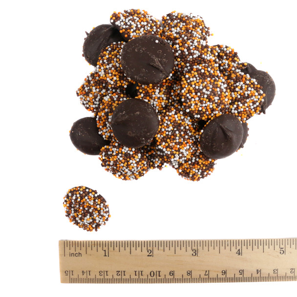Fall Dark Chocolate Nonpareils, approx 130 pieces, rich dark chocolate with white, orange, brown sprinkles.
