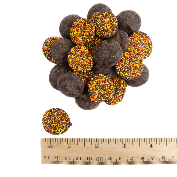 Fall Milk Chocolate Nonpareils, discs with yellow, orange, brown sprinkles, approx 130 pieces per pound.