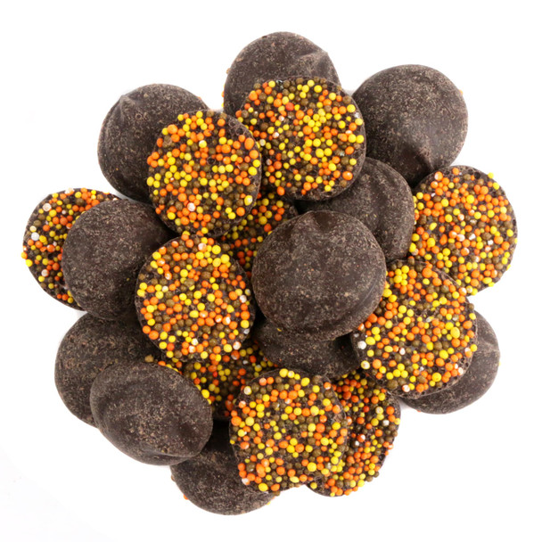 Fall Milk Chocolate Nonpareil discs, 130 pieces per pound, with festive yellow, orange, brown nonpareils.