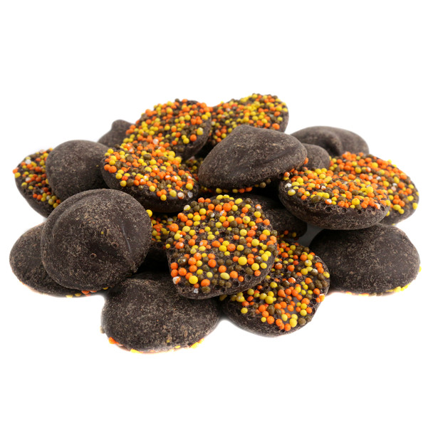 Fall milk chocolate nonpareils, yellow, orange, brown sprinkles. Approx 130 pieces per pound.
