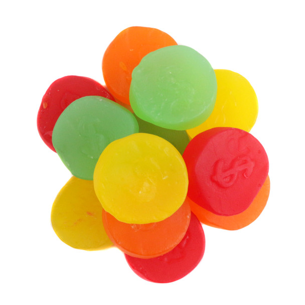 Zachary JuJu Coins, 1-inch assorted red, orange, yellow, green fruity candies with dollar signs.