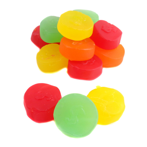 Colorful JuJu Coins by Zachary, assorted red, orange, yellow, green, 1-inch diameter with dollar symbols. Old fashioned candy.