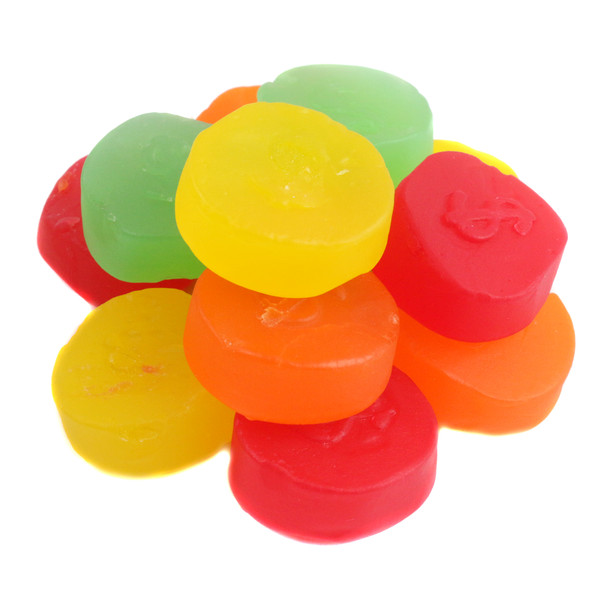 Assorted JuJu Coins by Zachary, 1-inch. Red, orange, yellow, green fruit-flavored candies with dollar symbols.