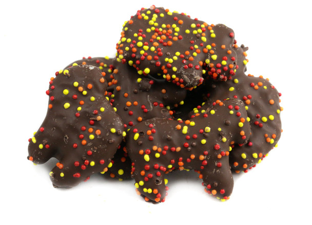 Fall Chocolate Covered Animal Crackers, creamy milk chocolate with red, orange, yellow candy beads.