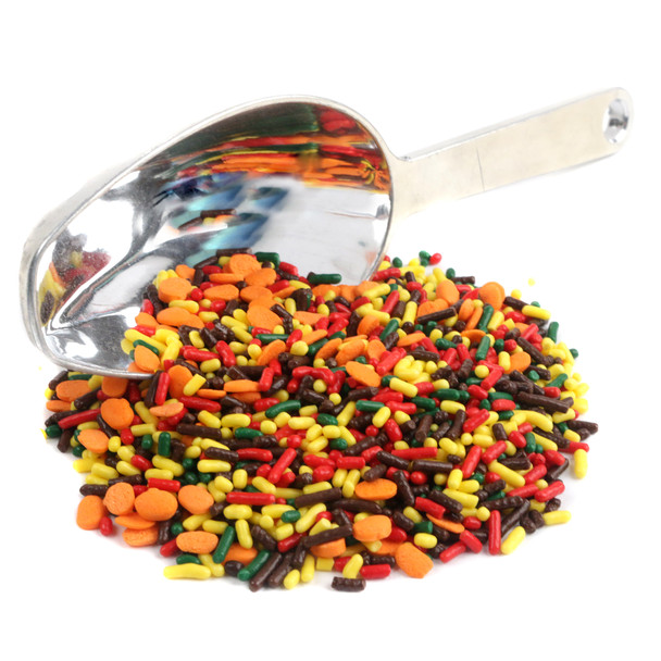 Fall Sprinkles, orange, red, brown, yellow, green mix, mini pumpkin shapes for Halloween, Thanksgiving baking.
