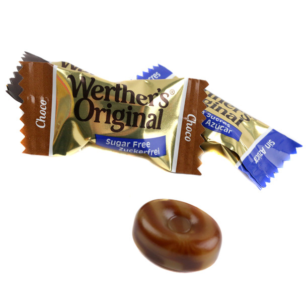 Werther's Sugar Free Assorted Caramels. Rich, creamy caramel, coffee, chocolate flavors. Many golden-wrapped candies.