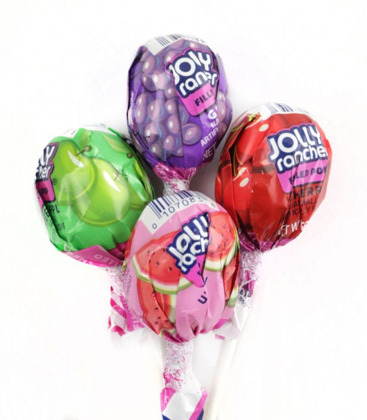 Jolly Rancher Lollipops, 100 count, assorted red, green, pink, purple hard candy lollipops.