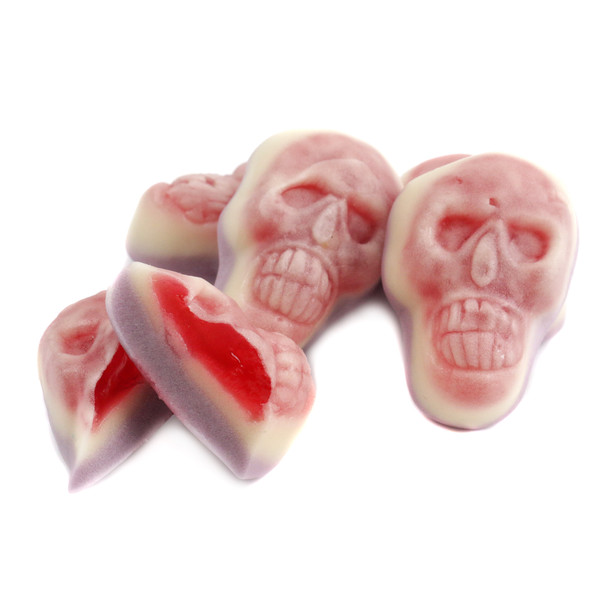 Spooky, soft, chewy gummy skulls. Approx 40 skull candies per pound, perfect Halloween treat.
