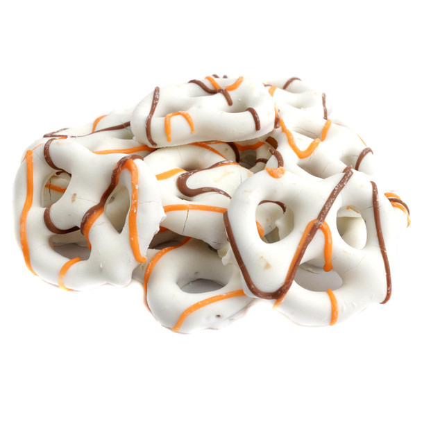 Fall Yogurt Pretzels, mini with sweet yogurt coating, drizzled orange and brown. Sweet, salty snack for Fall, Halloween.