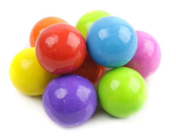 Vibrant, assorted 1 inch rainbow gumballs, approximately 60 pieces per pound. Perfect for candy buffets.