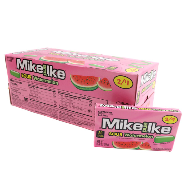 Mike and Ike Sour Watermelon candy, 24 small boxes. Chewy green and red sour watermelon flavored candy.