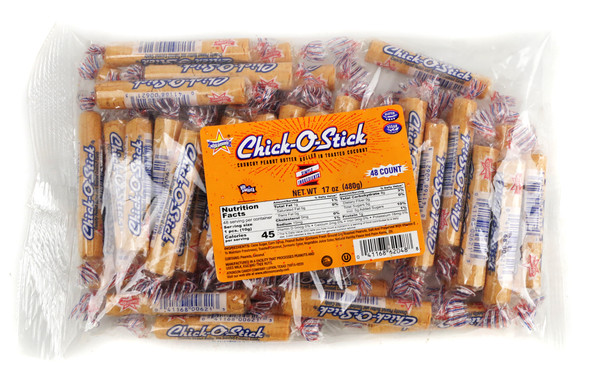 48 fun size golden brown Chick O Stick crispy peanut butter candy with toasted coconut.