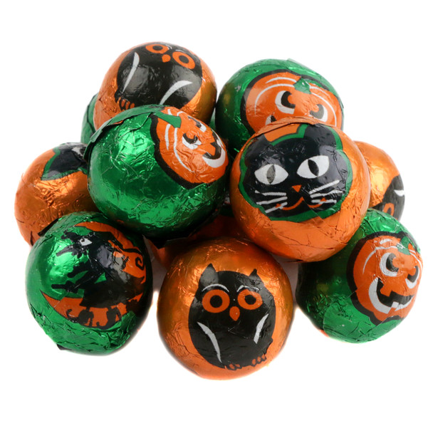 Milk chocolate Halloween balls, bright foils with owls, witches, cats, Jack-O-Lanterns. Approx 80 per lb.