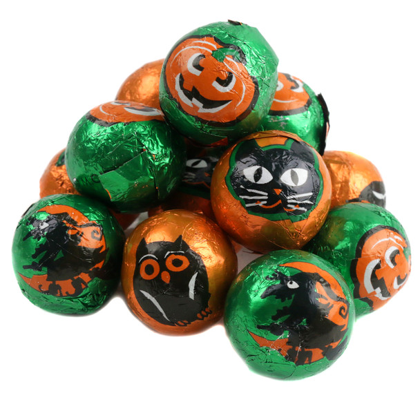 80 per lb 3/4 inch milk chocolate Halloween balls in bright foils with owls, witches, cats, Jack-O-Lanterns.