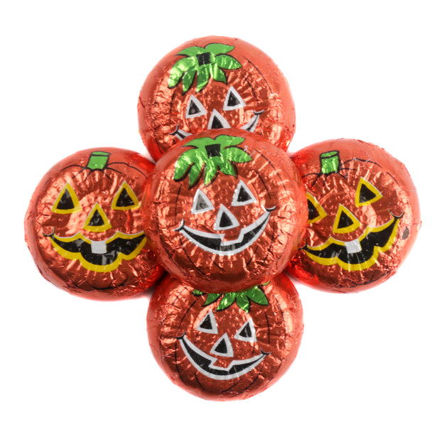 Madelaine Milk Chocolate Pumpkin Wafers, 62 orange jack-o-lantern foil-wrapped Halloween candies, approx 1.5 inch.