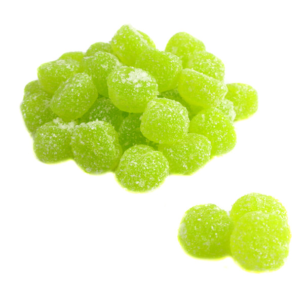 Vibrant green, round Vegan Sour Apple Dots, tangy gummy candy. Approx 245 dots per pound, Made in Netherlands.