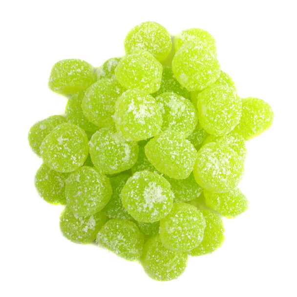 Vegan Sour Apple Dots, vibrant green round gummies, tangy apple flavor, approximately 245 vegan dots per pound.