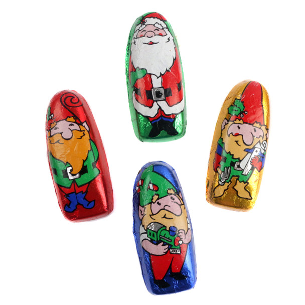 Brightly foiled miniature milk chocolate Santas and Elves, smiling faces, individually wrapped, approx. 50 pieces per pound.