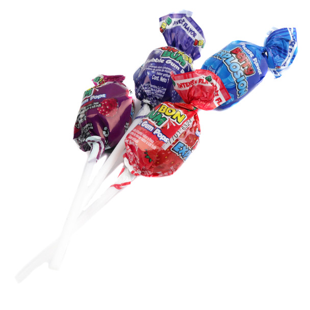 Assorted berry flavored Bon Bon Boom lollipops, strawberry, blue raspberry, grape, with bubble gum centers, 27 per pound.