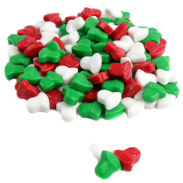 Red, White, Green Mini Christmas Bell pressed candy. Approx 625 pieces per pound, ideal for holiday dishes and gingerbread houses.