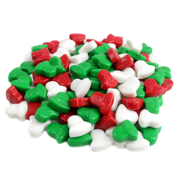 Red, Green, White mini Christmas bell pressed candy, approx 625 pieces per pound. Great for Christmas candy dishes.