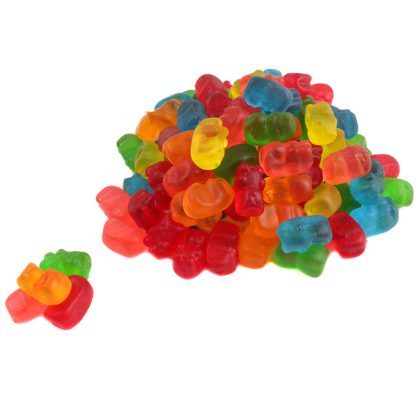 Mini Gummy Bears, vibrant rainbow colors, bite-sized chewy fruity candy, 500 pieces per pound.