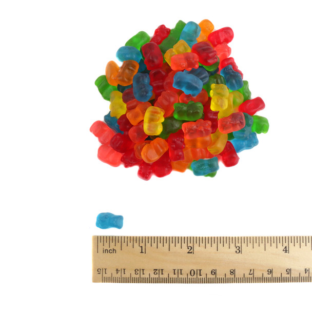 Mini Gummy Bears, bite-sized, vibrant rainbow colors, chewy fruity flavor, approx 500 pieces per pound.