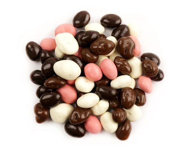 Neapolitan covered raisins. Dark, milk chocolate, vanilla yogurt, strawberry coatings. Mixed colors, USA made.