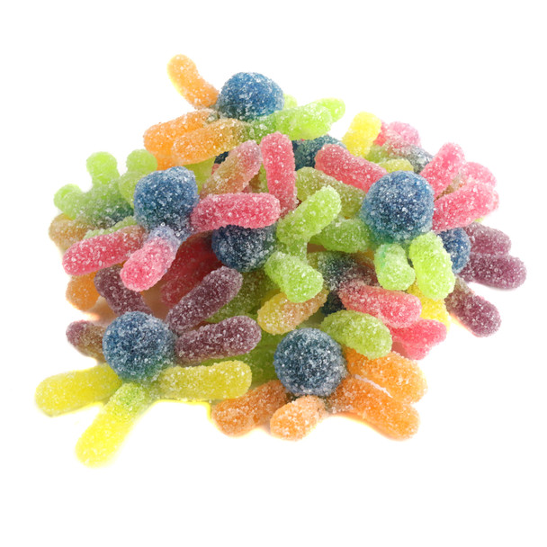 Gummy Octopus candy, sour sugar-coated, assorted rainbow colors. Chewy octopus shapes, approx. 64 per pound.